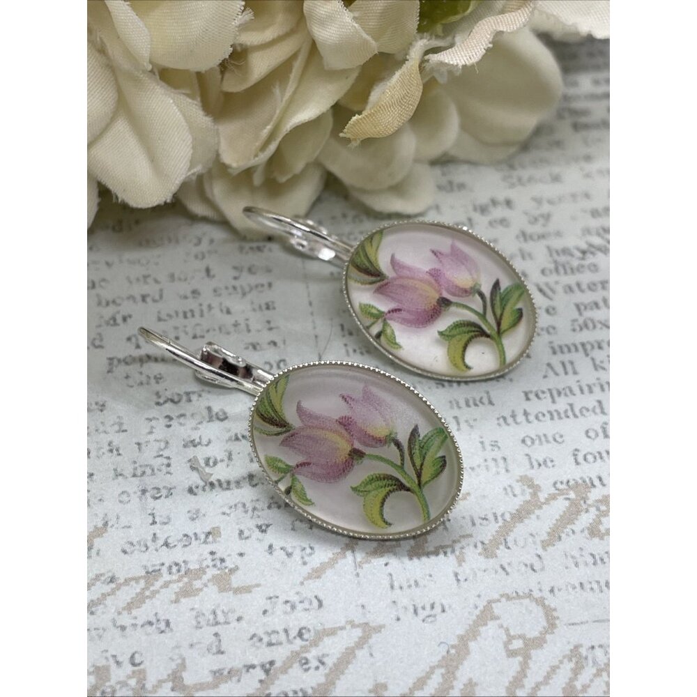 Frosted Tulip Pink Gift Silver Boutique French Wire Earrings Wedding Anniversary - Picture 5 of 14